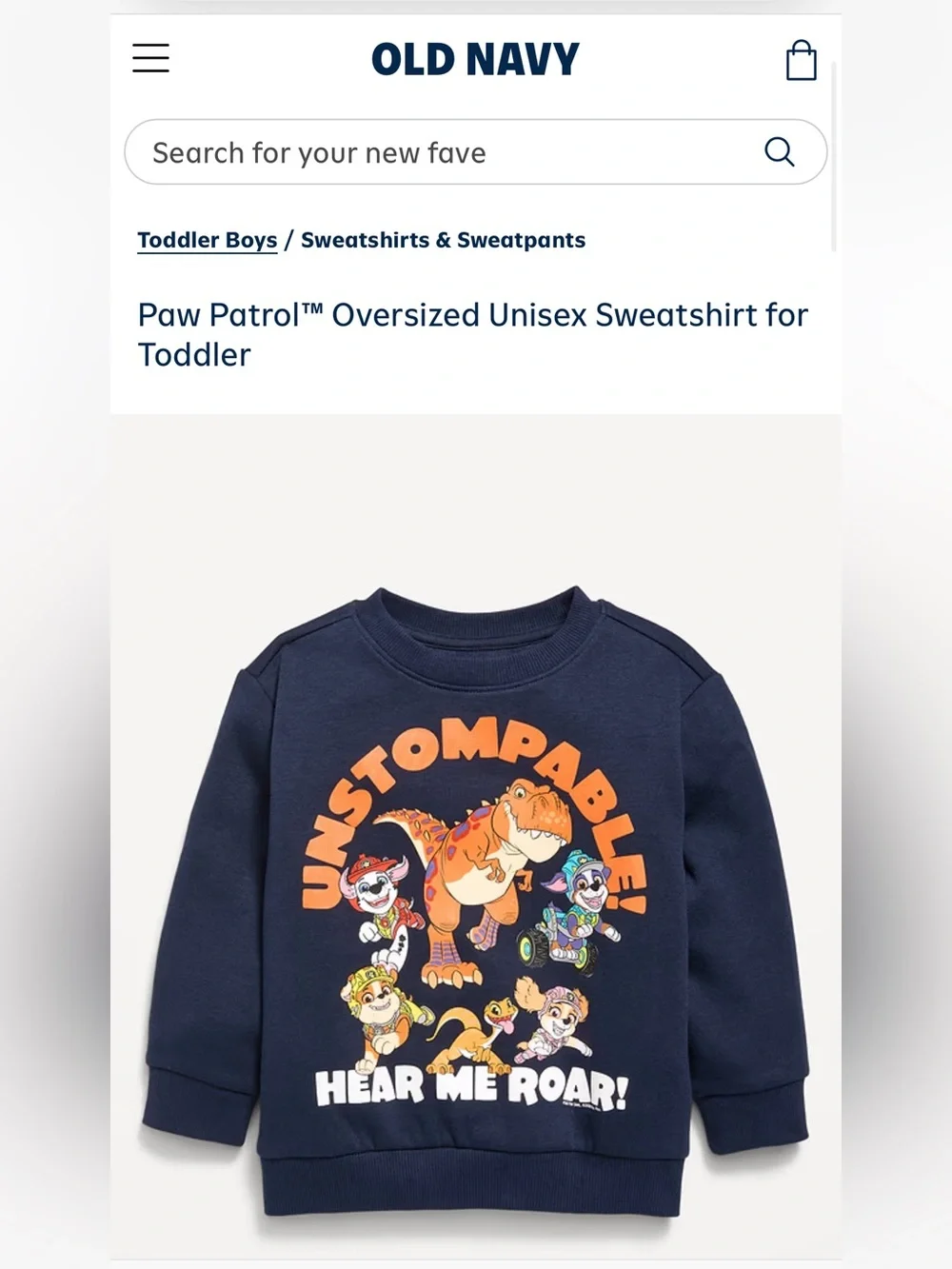Old Navy Navy Sweatshirt with Orange Dinosaur and Multicolor Characters